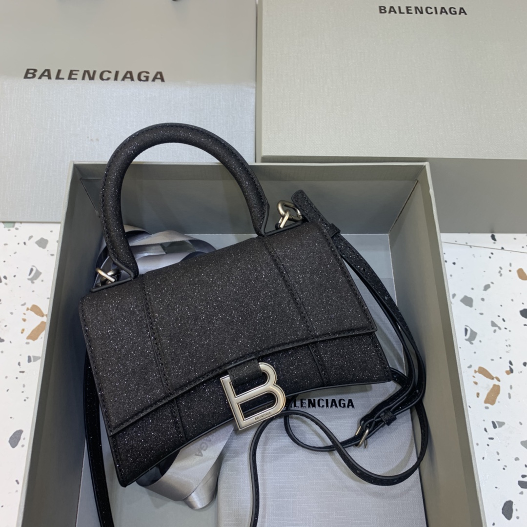 Balenciaga Hourglass XS Handbag Glitter Material Shoulder Bag Black